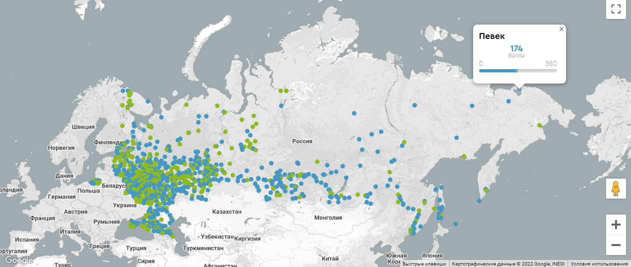  На фото — индекс качества городской среды на карте России