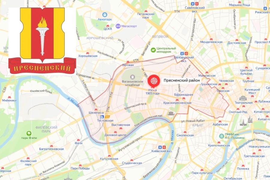 На фото — Пресненский район на карте. Источник: yandex.ru